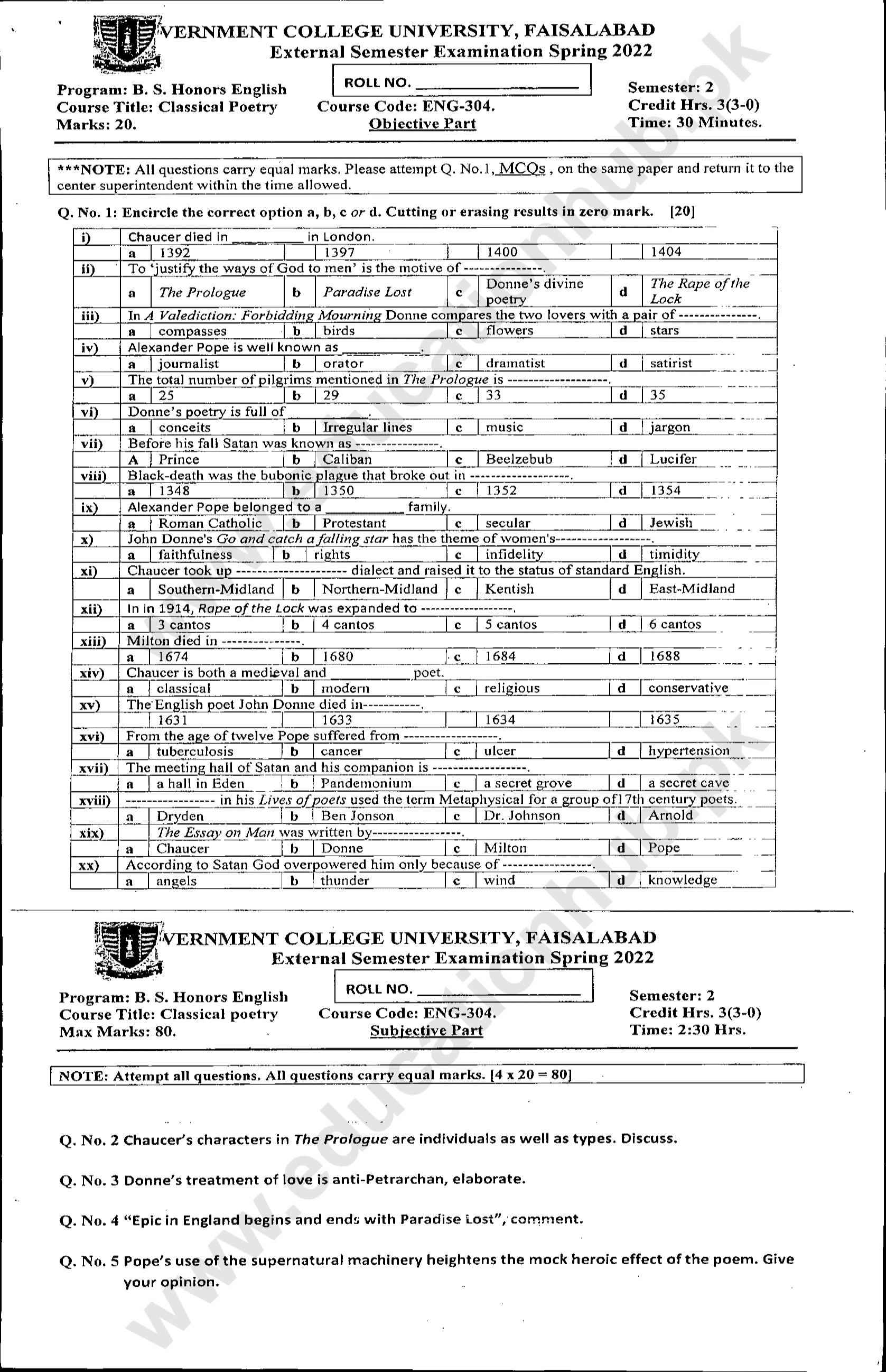 ENG-304 BS English GCUF Spring-2022 Past Paper (2)