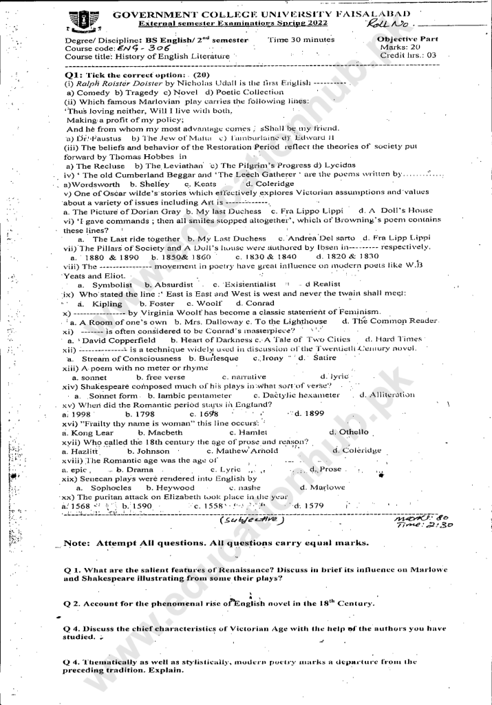 ENG-306 BS English GCUF Spring-2022 Past Paper (2)