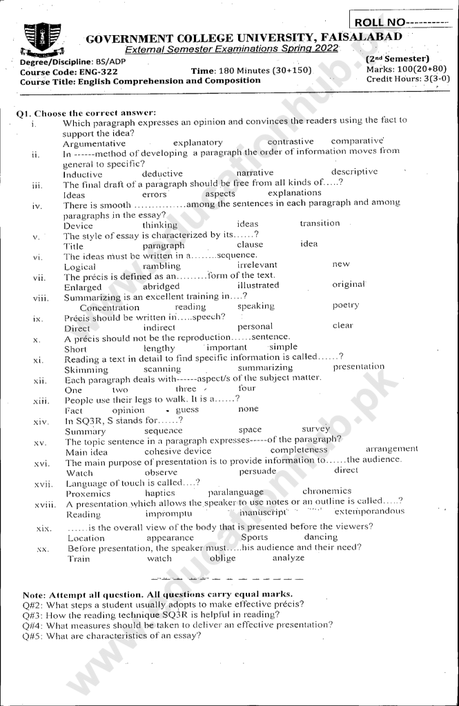 ENG-322 BS Program GCUF Spring 2022 Past Papers