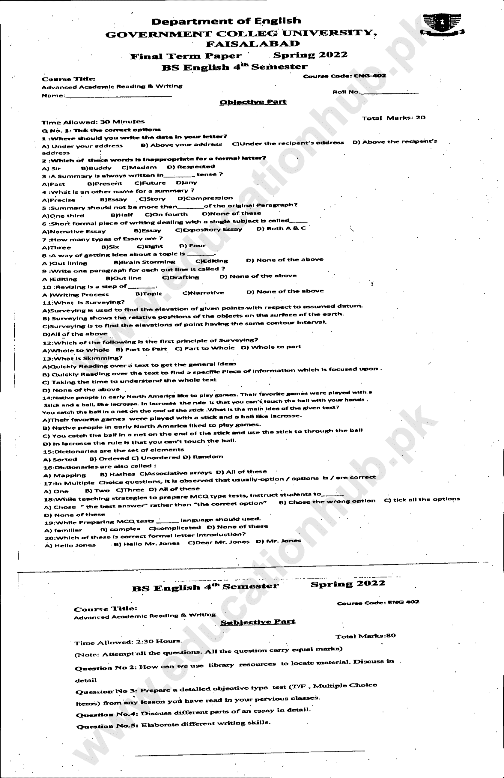 ENG-402 BS English GCUF Spring-2022 Past Paper (2)