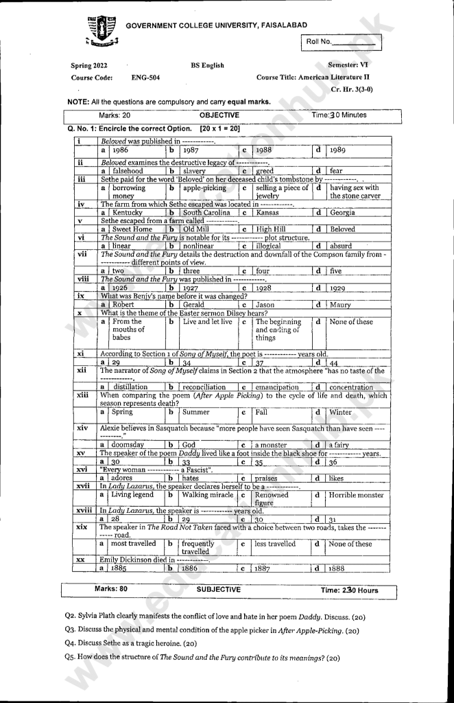 ENG-504 BS English GCUF Spring-2022 Past Paper (2)