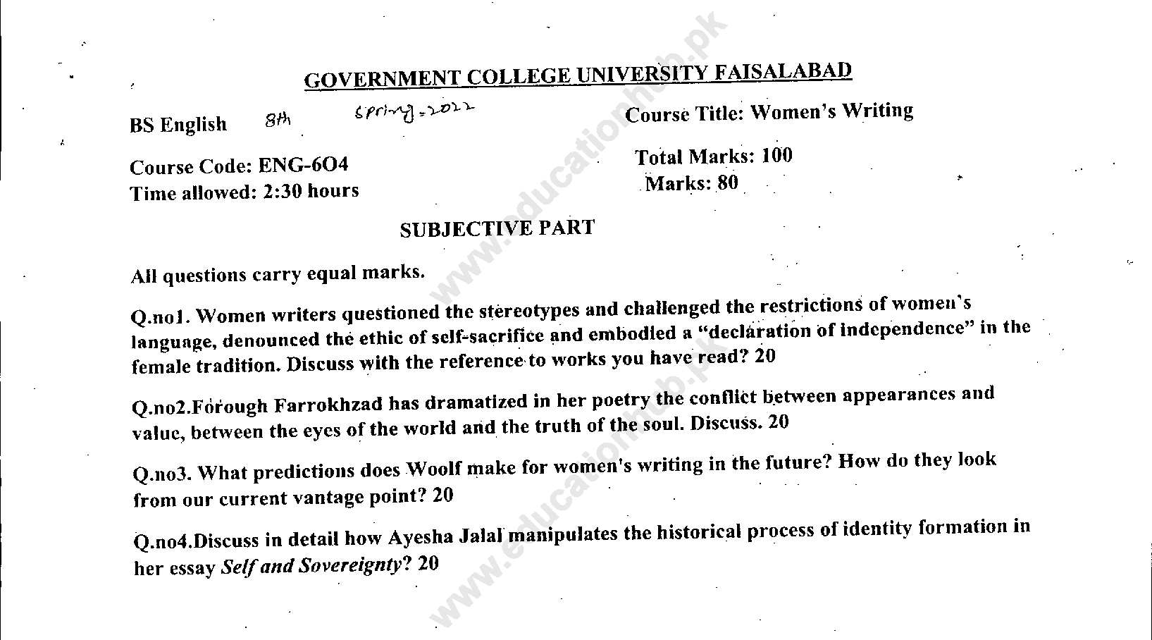 ENG-604 Women’s Writings BS English GCUF Past Paper Spring 2022 ...