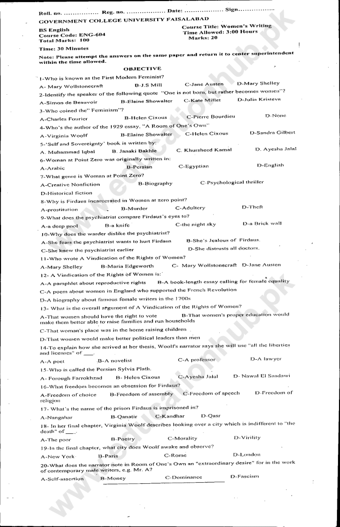 ENG-604 BS English GCUF Spring-2022 Past Paper (4)