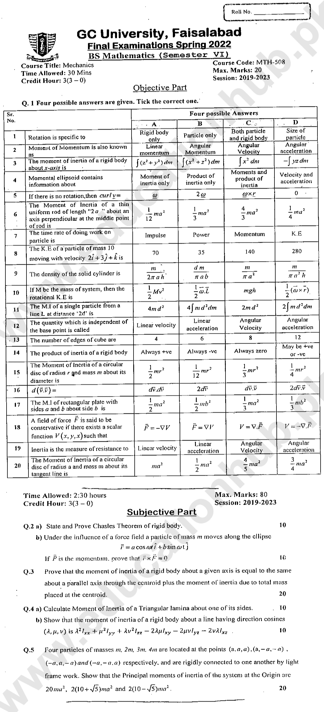 MTH-508 BS Mathematics GCUF Spring-2022 Past Paper