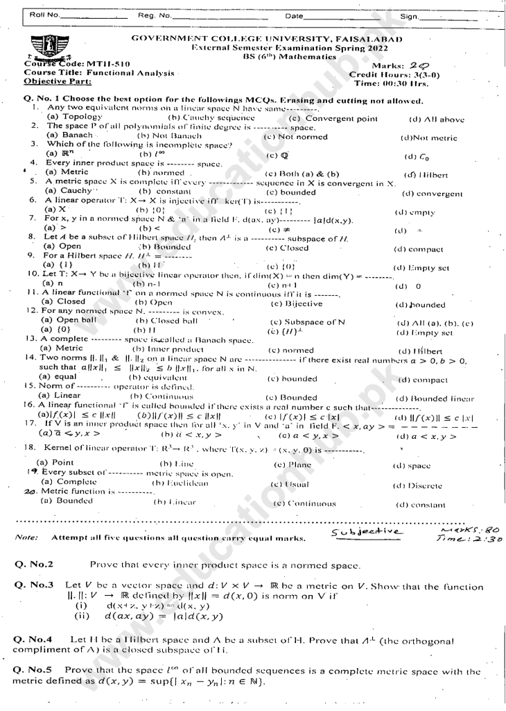 Mth-510 Functional Analysis Bs. Math Gcuf Past Paper Spring 2022 