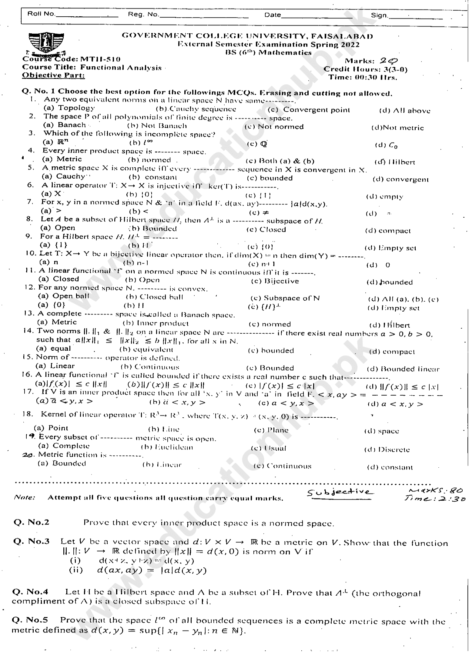 MTH-510 BS Mathematics GCUF Spring-2022 Past Paper