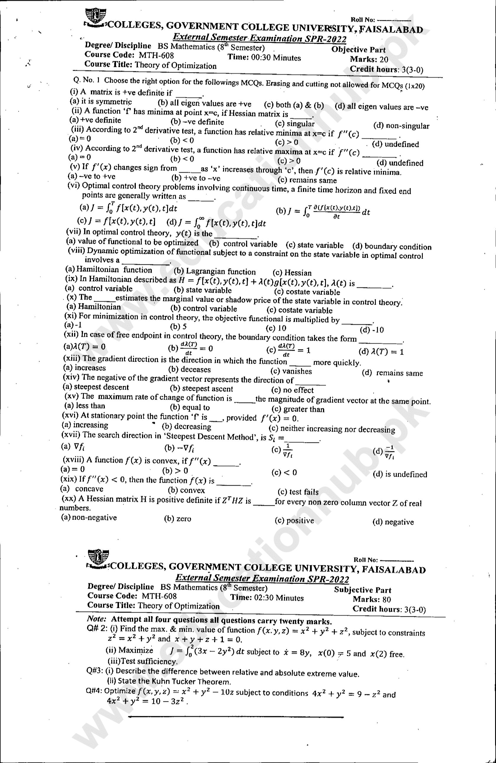 MTH-608 BS Mathematics GCUF Spring-2022 Past Paper