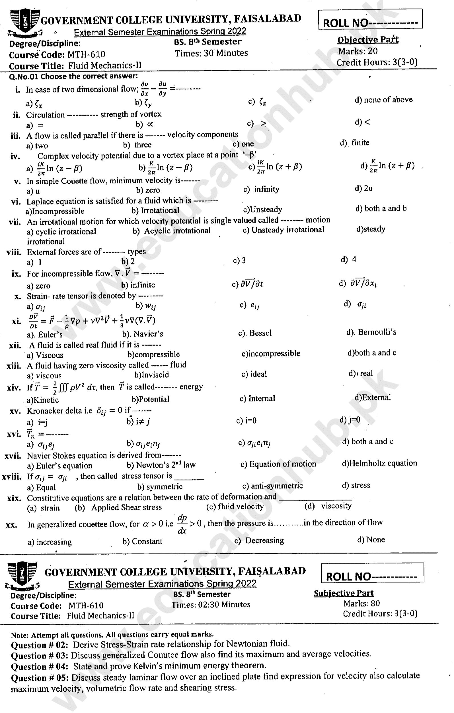 MTH-610 BS Mathematics GCUF Spring-2022 Past Paper