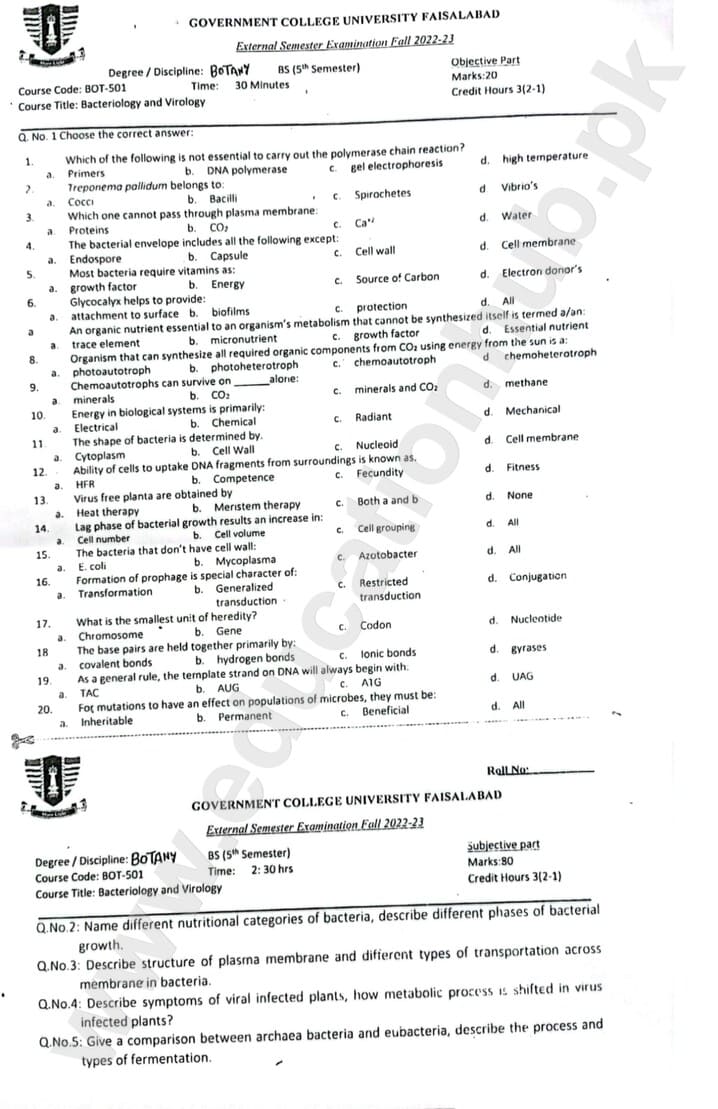 Bacteriology and Virology BS Botany GCUF Objective and Subjective Past Paper 2023