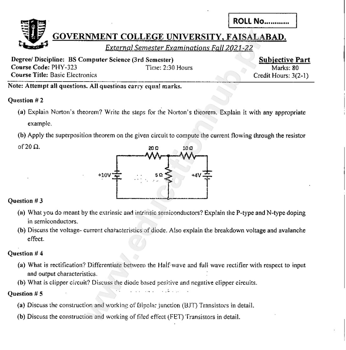 Basic Electronics BS Computer Science GCUF Subjective Past Paper 2022