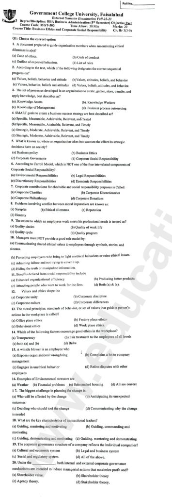 Business Ethics and Corporate Social Responsibility BBA Business Administration GCUF Objective Past Paper 2023