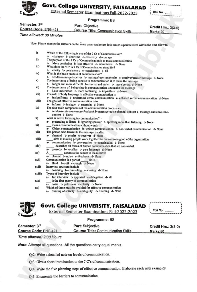 Communication Skills BS Program GCUF Objective and Subjective Past Paper 2023