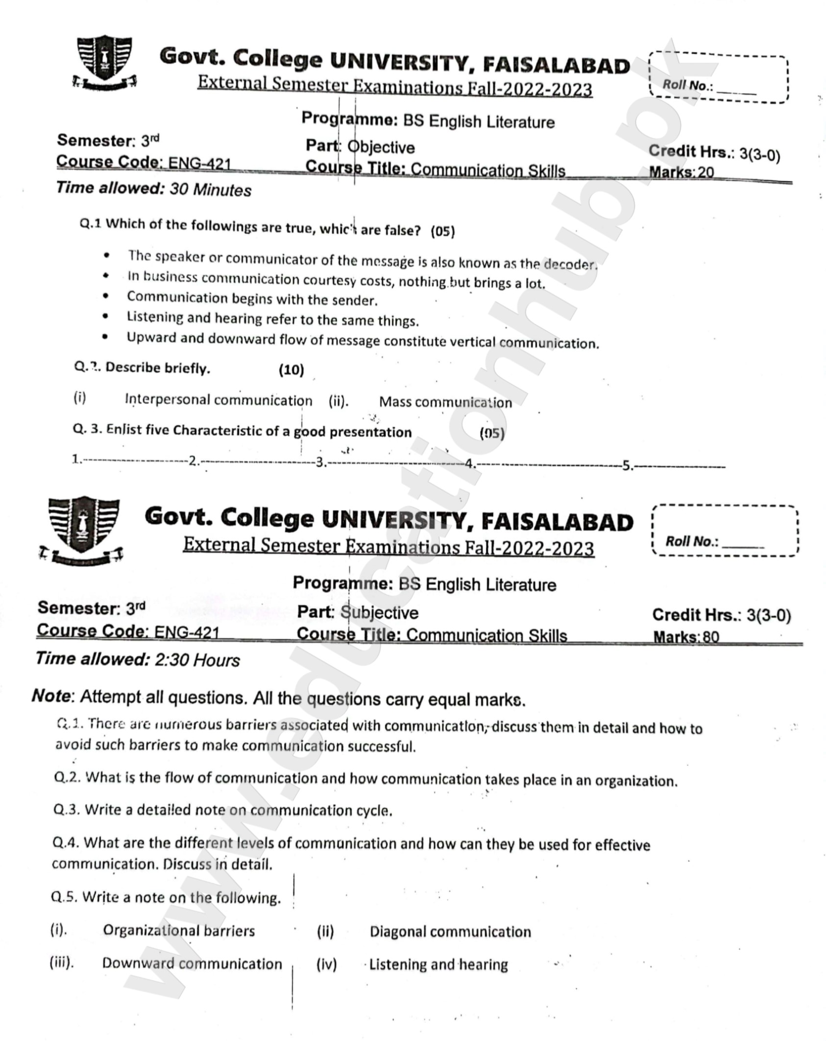 Communication Skills BS Program GCUF Subjective Past Paper 2023