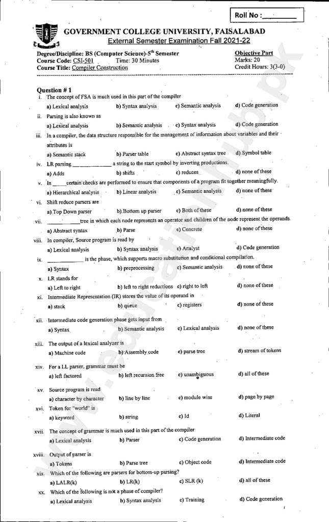 Compiler Construction BS Computer Science GCUF Objective Past Paper 2022