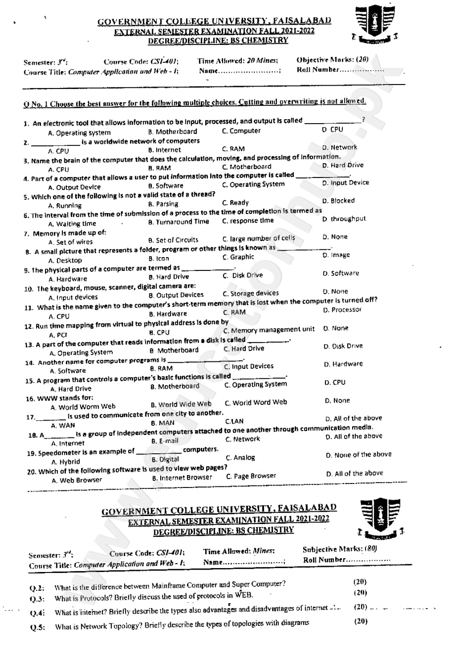 Computer Application and Web-I BS Computer Science GCUF Objective and Subjective Past Paper 2022