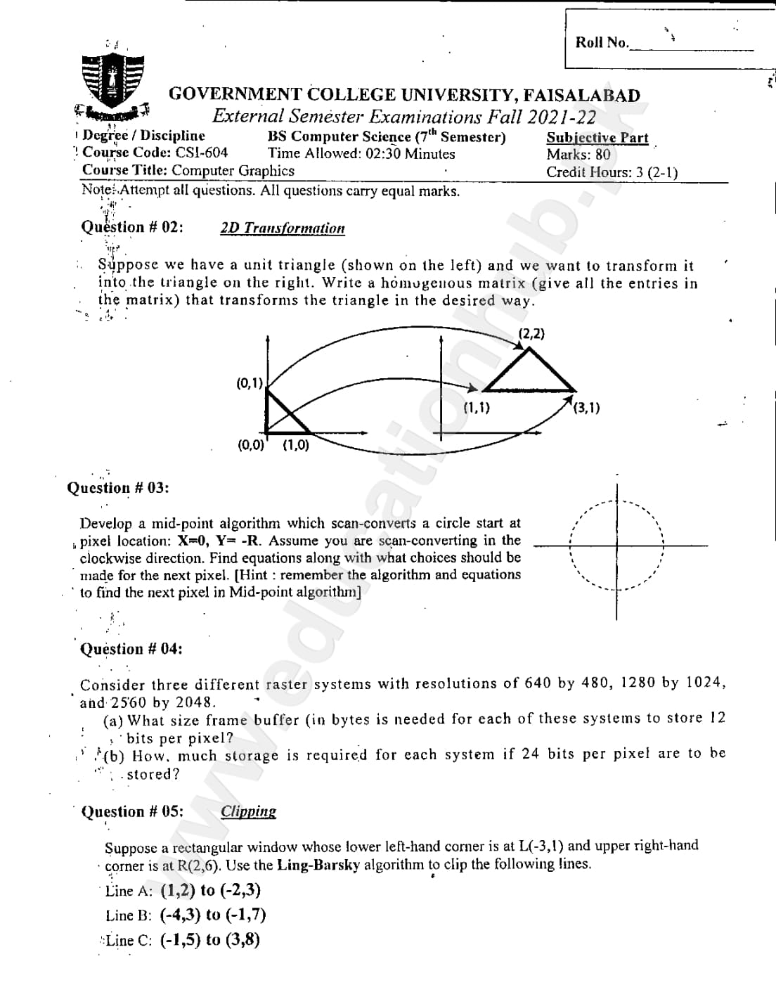 Computer Graphics BS Computer Science GCUF Subjective Past Paper 2022