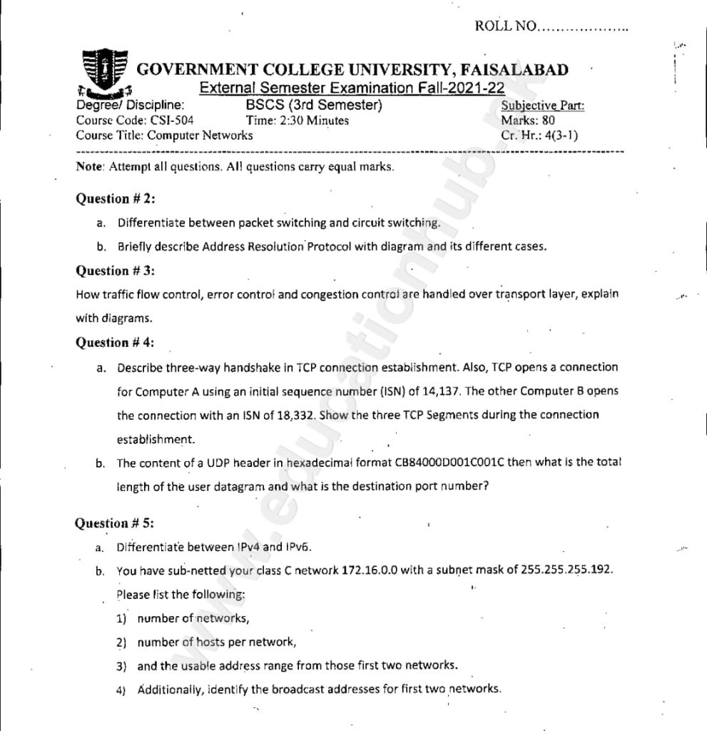 Computer Networks BS Computer Science GCUF Subjective Past Paper 2022