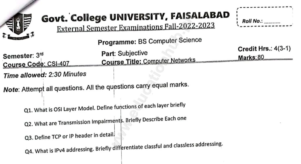 Computer Networks BS Computer Science GCUF Subjective Past Paper 2023