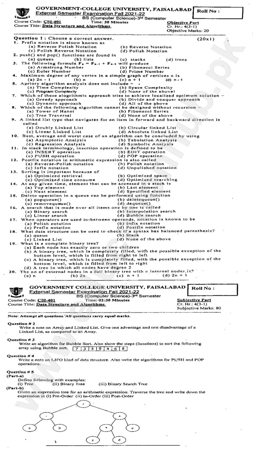 Data Structure and Algorithms BSCS GCUF Past Paper 2022 – Education Hub