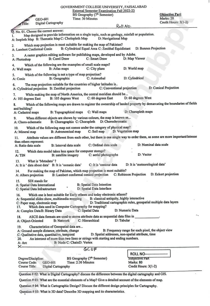 Digital Cartogaphy BS Geography GCUF Objective and Subjective Past Paper 2023
