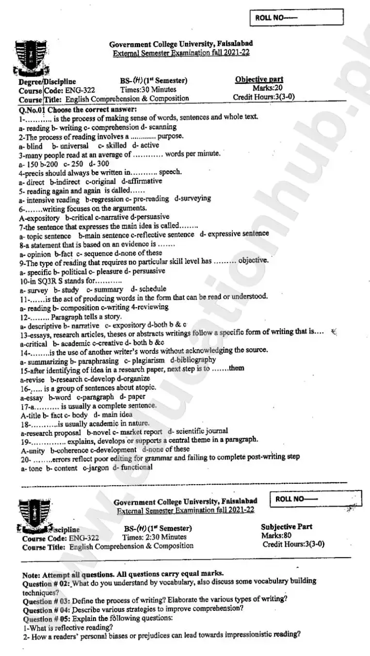 English Comprehension and Composition BS Program GCUF Objective Past Paper 2022