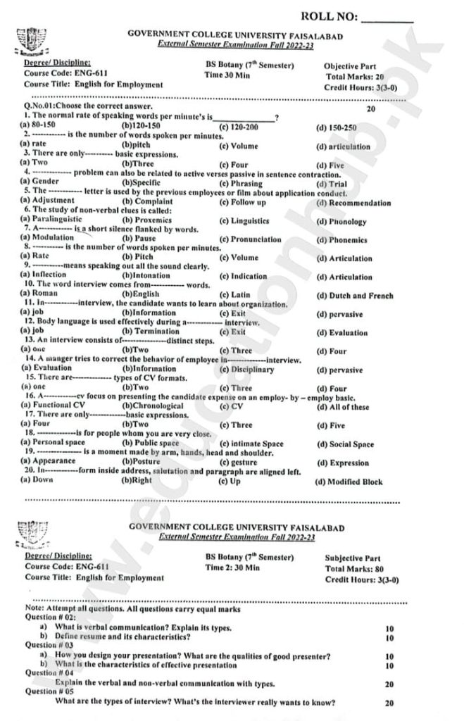 English for Employments BS Botany GCUF Objective and Subjective Past Paper 2023
