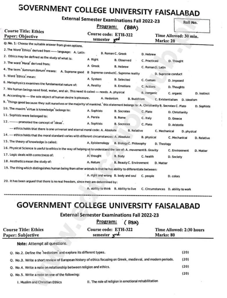 Ethics BBA Business Administration GCUF Objective Past Paper 2023