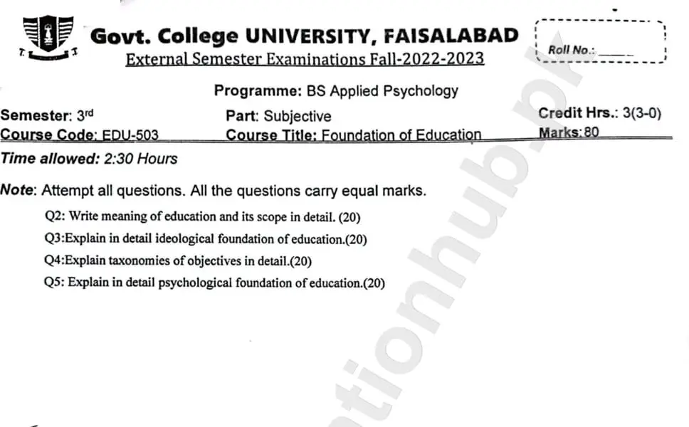 Foundation Of Education BS Psychology GCUF Subjective Past Paper 2023