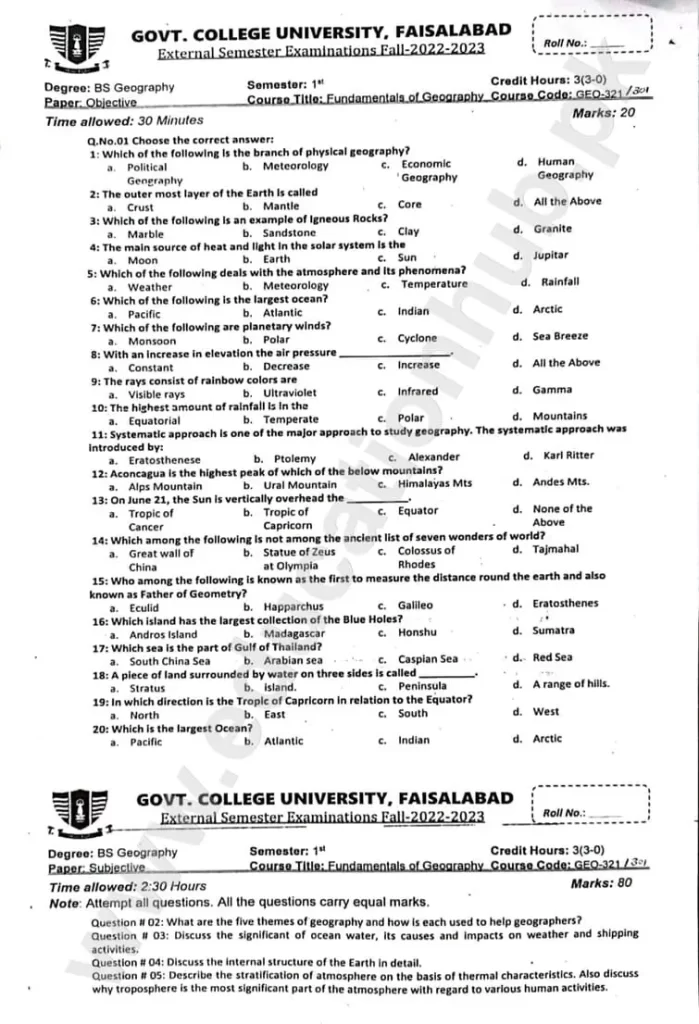 Fundamental of Geography BS Geography GCUF Objective and Subjective Past Paper 2023