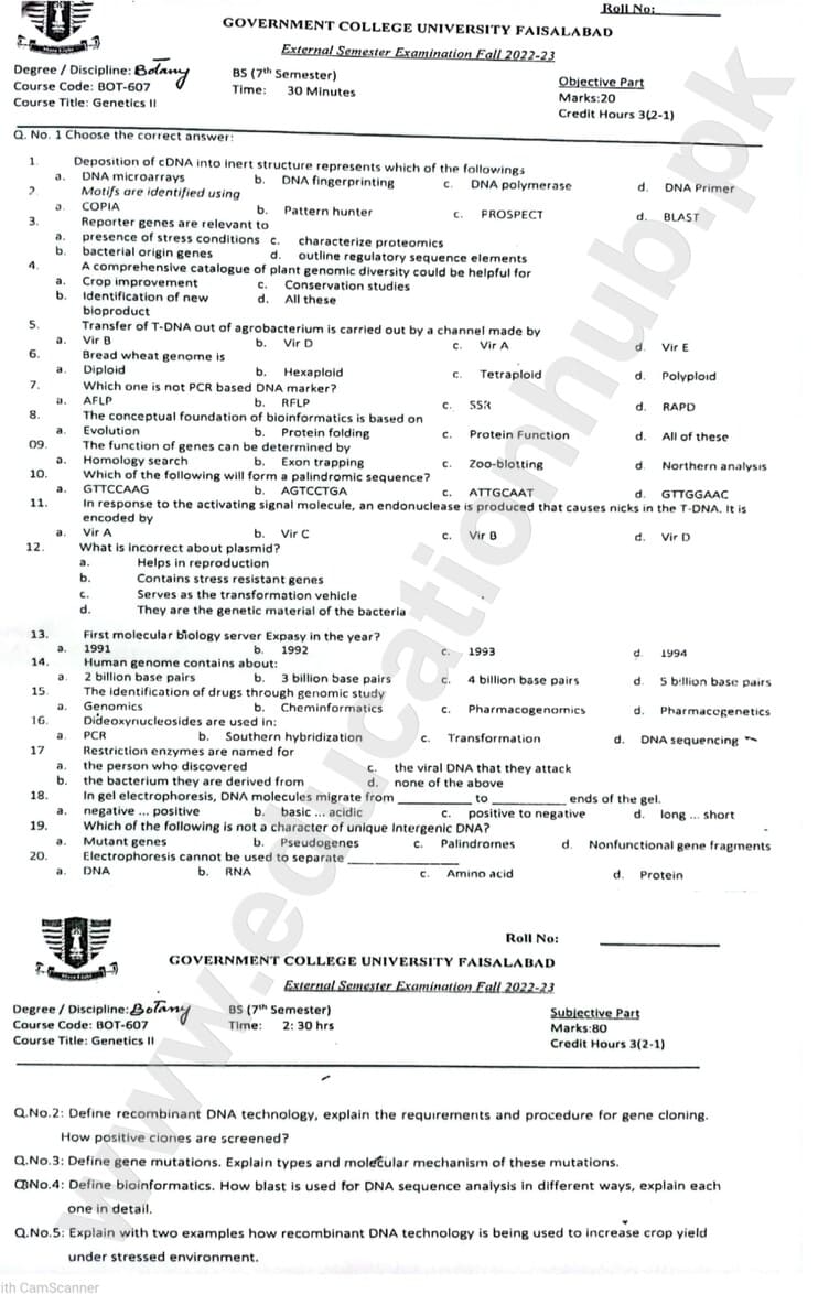 Genetics II BS Botany GCUF Objective and Subjective Past Paper 2023