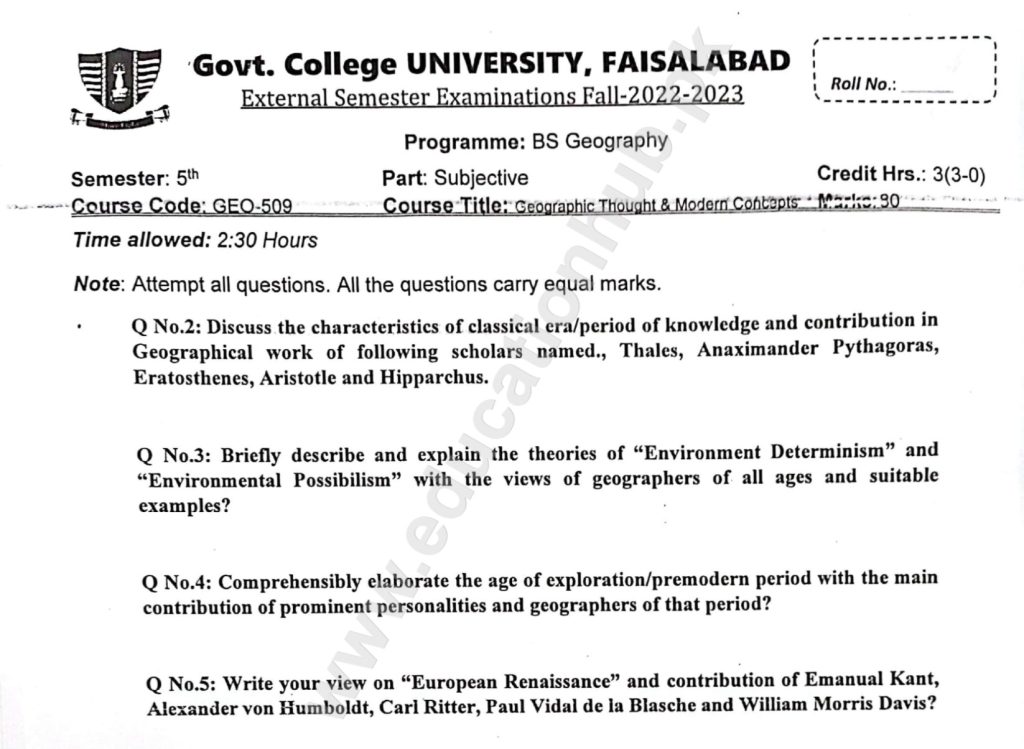 Geographic Thought & Modern Concept BS Geography GCUF Subjective Past Paper 2023
