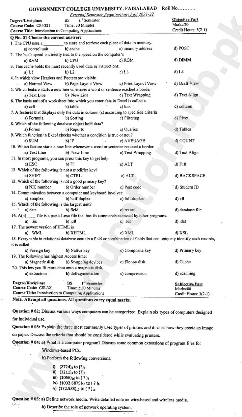 Introduction to Computing Applications BS Program GCUF Objective and Subjective Past Paper 2022