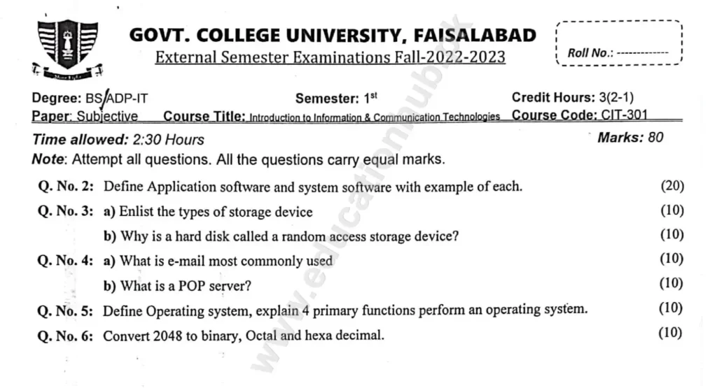 Introduction to Information & Communication Technologies BS Program GCUF Subjective Past Paper 2023