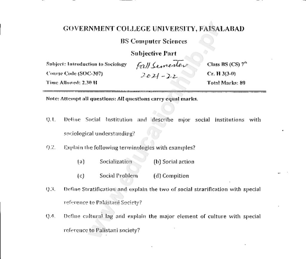 Introduction to Sociology BS Computer Science GCUF Subjective Past Paper 2022