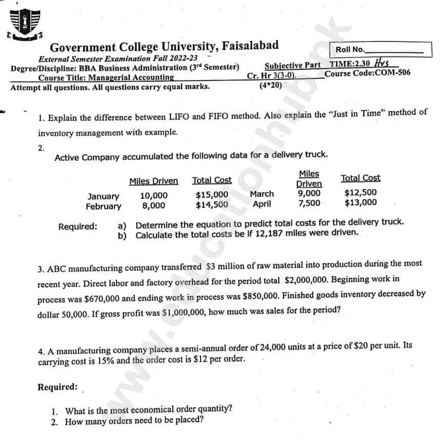 COM-506 Managerial Accounting BBA GCUF Past Paper 2023 – Education Hub