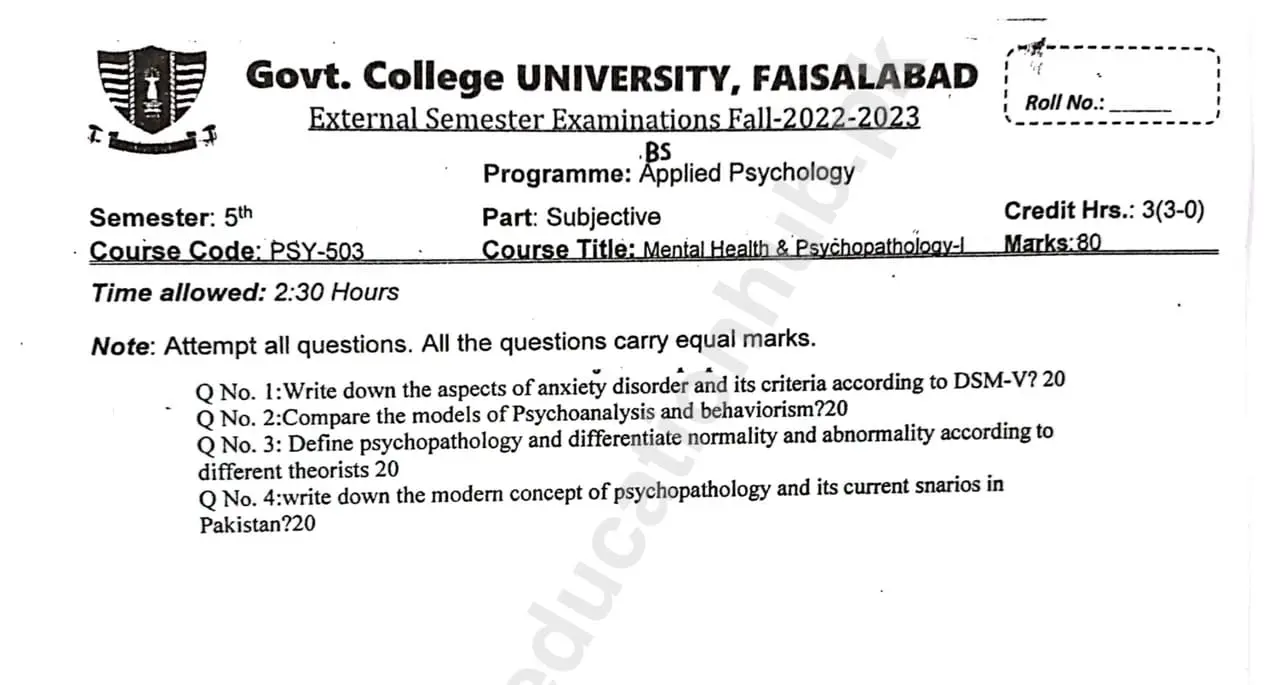 Mental Health Psychopathology I BS Psychology GCUF Subjective Past Paper 2023 (2)