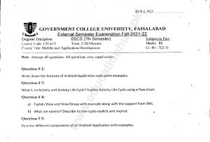 Mobile and Application Development BS Computer Science GCUF Subjective Past Paper 2022