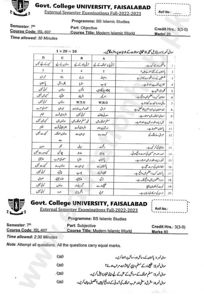 Modern Islamic World BS Islamic Studies GCUF Objective and Subjective Past Paper 2023