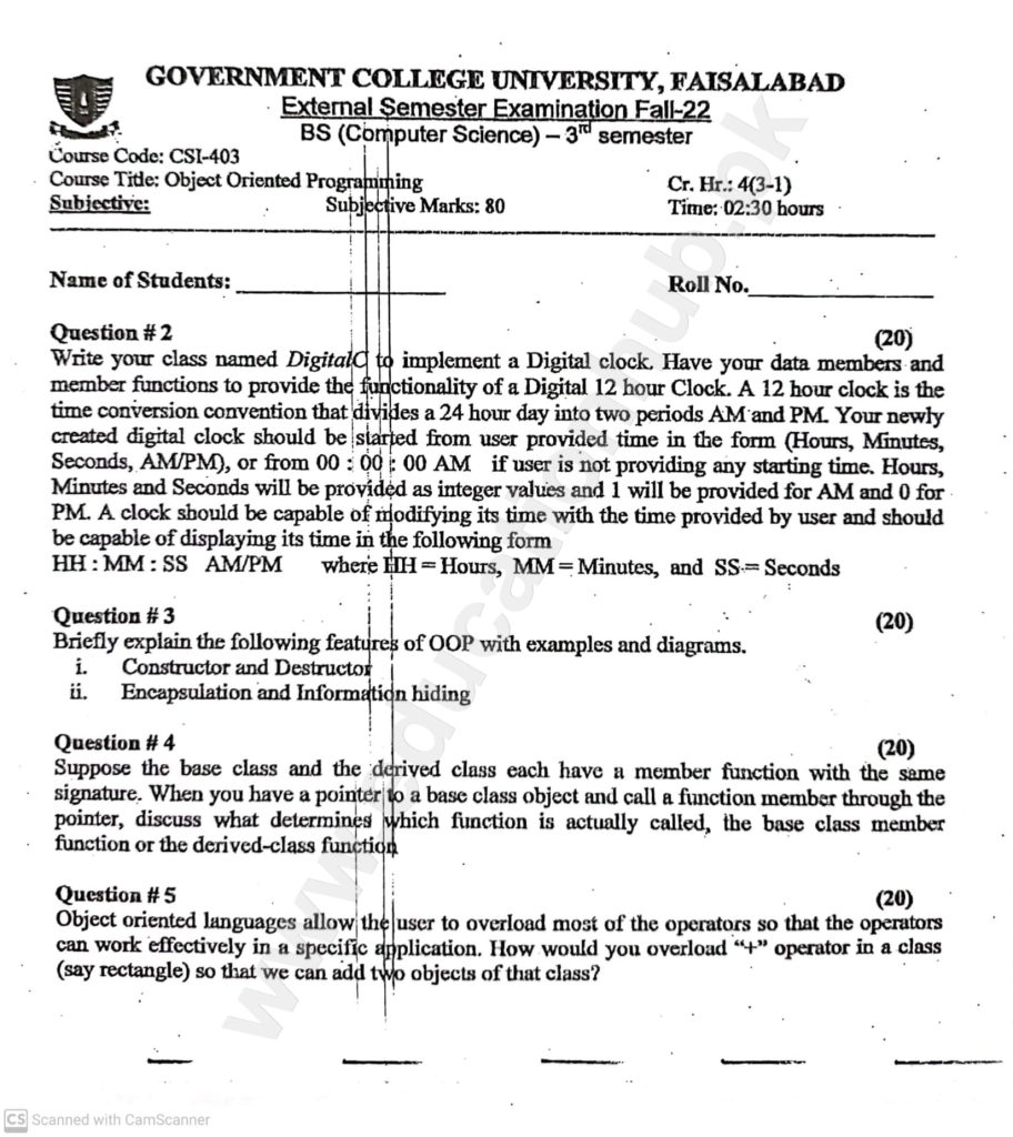 Object Oriented Programming BS Computer Science GCUF Subjective Past Paper 2023