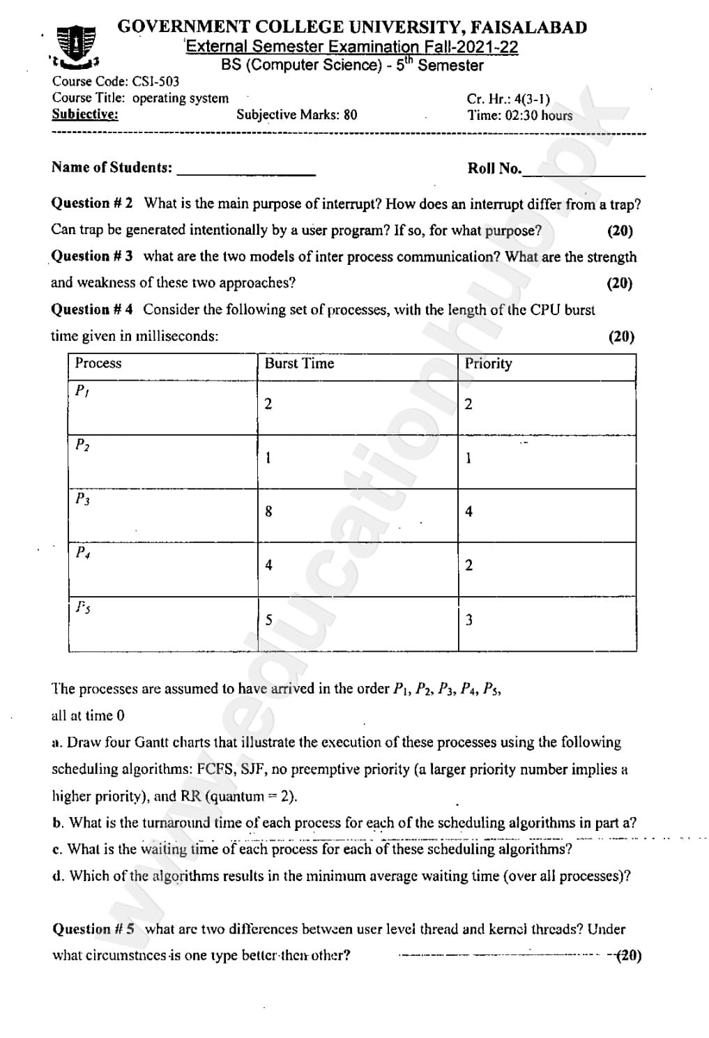 Operating System BS Computer Science GCUF Subjective Past Paper 2022