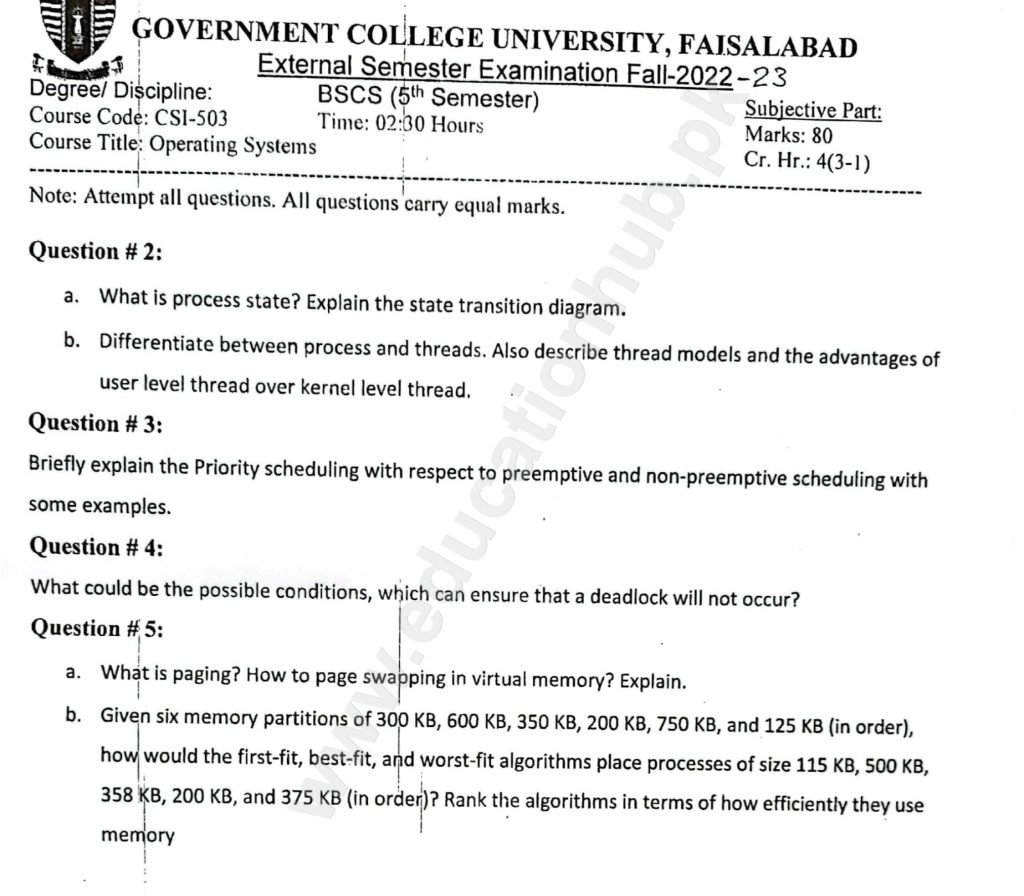 Operating Systems BS Computer Science GCUF Subjective Past Paper 2023