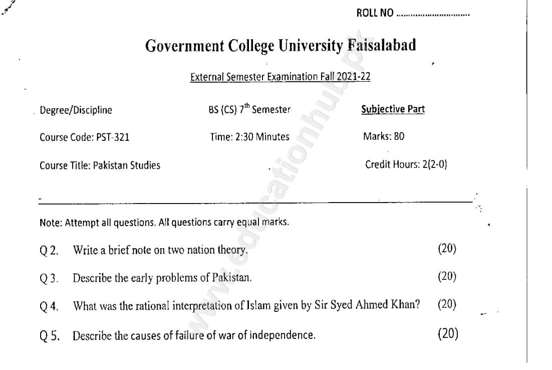 Pakistan Studies BS Computer Science GCUF Subjective Past Paper 2022