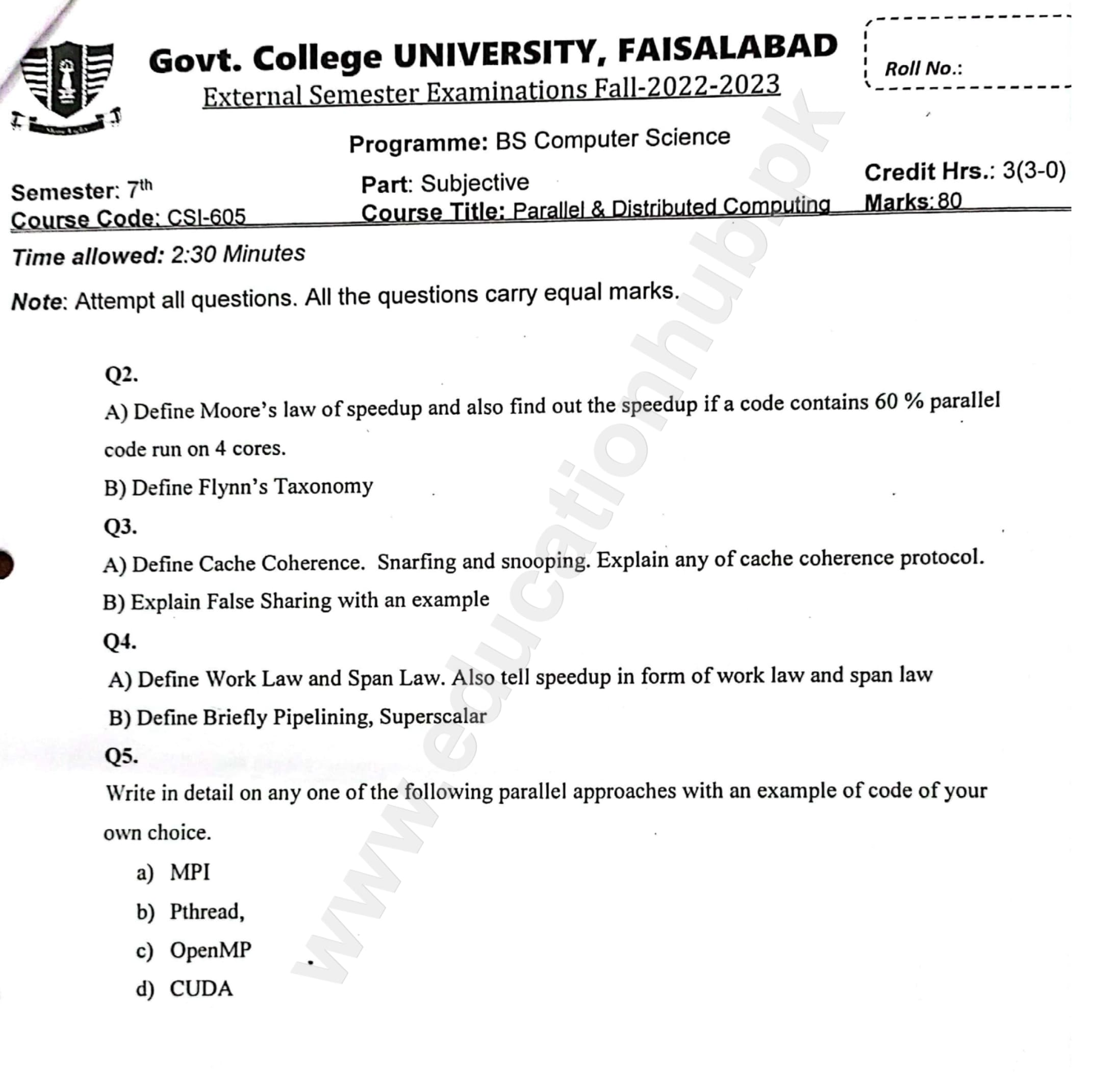 Parallel & Distributed Computing BS Computer Science GCUF Subjective Past Paper 2023