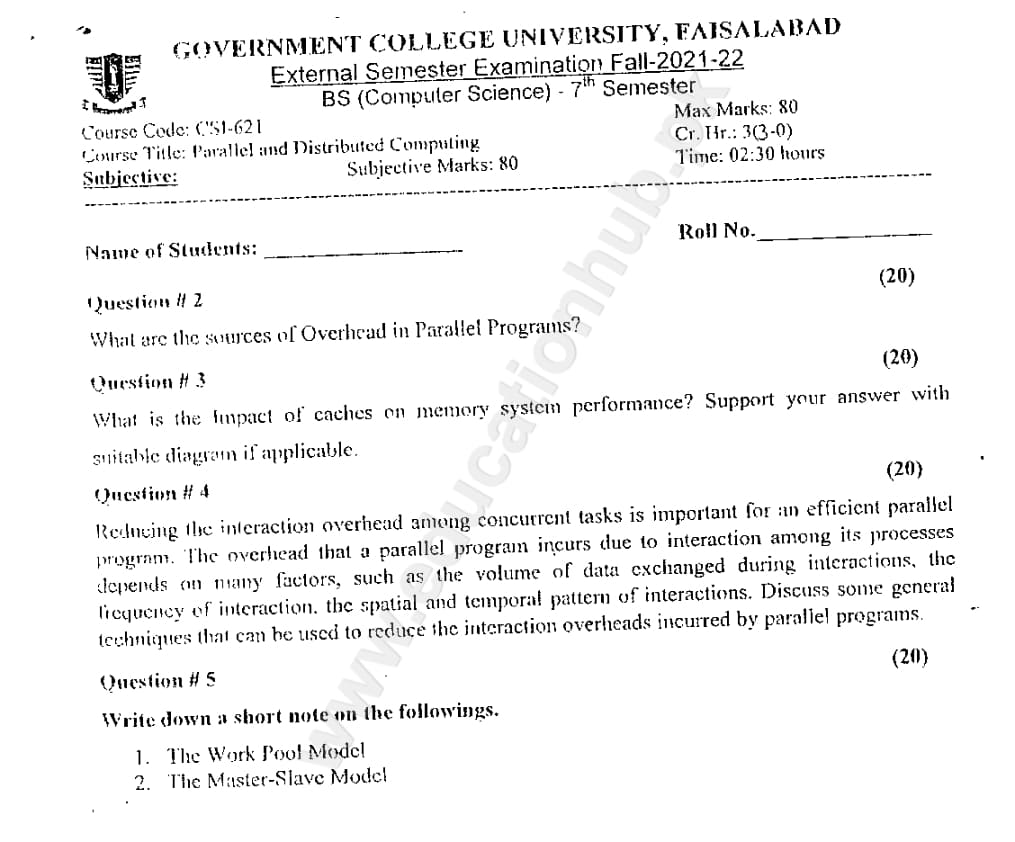 Parallel and Distributed Computing BS Computer Science GCUF Subjective Past Paper 2022