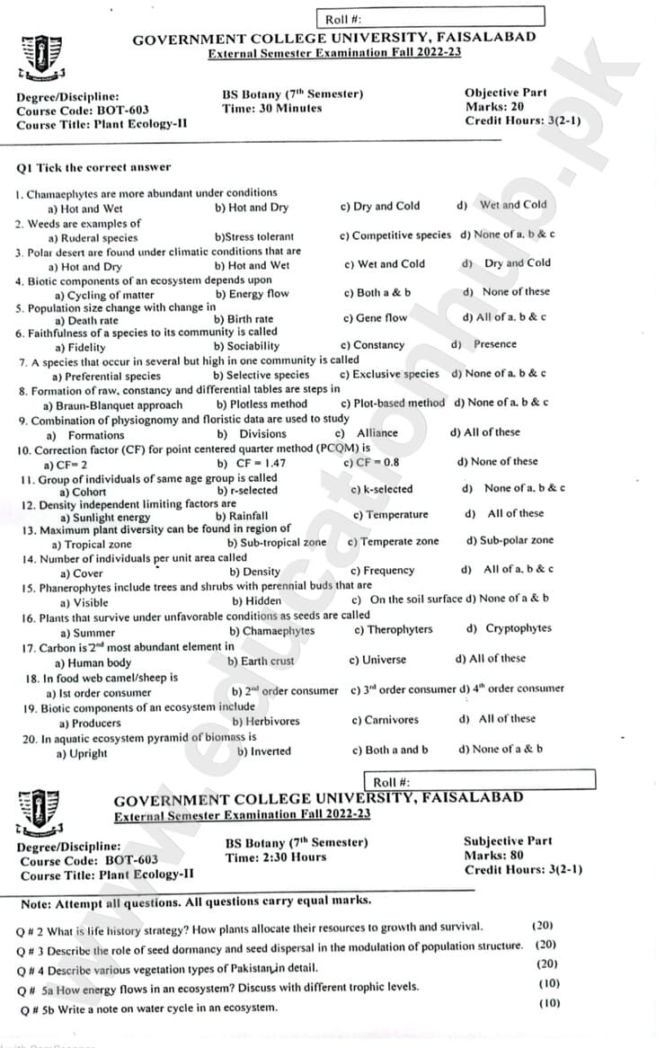 Plant Ecology-II BS Botany GCUF Objective and Subjective Past Paper 2023