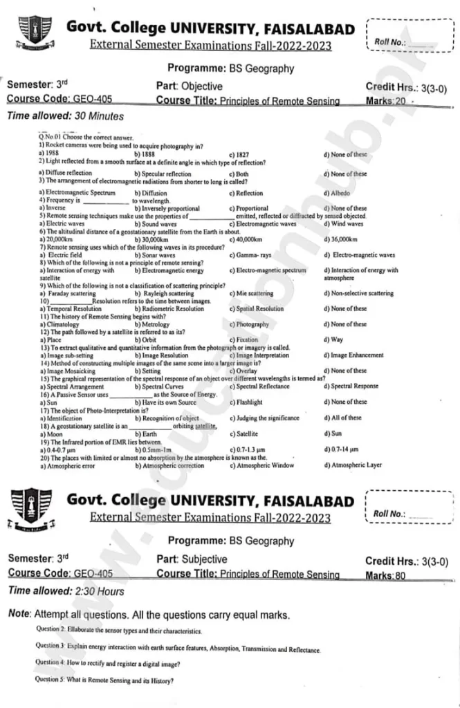 Principles of Remote Sensing BS Geography GCUF Objective and Subjective Past Paper 2023