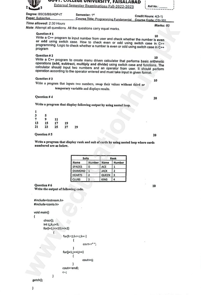 Programming Fundamentals BS Computer Science GCUF Subjective Past Paper 2023 (2)