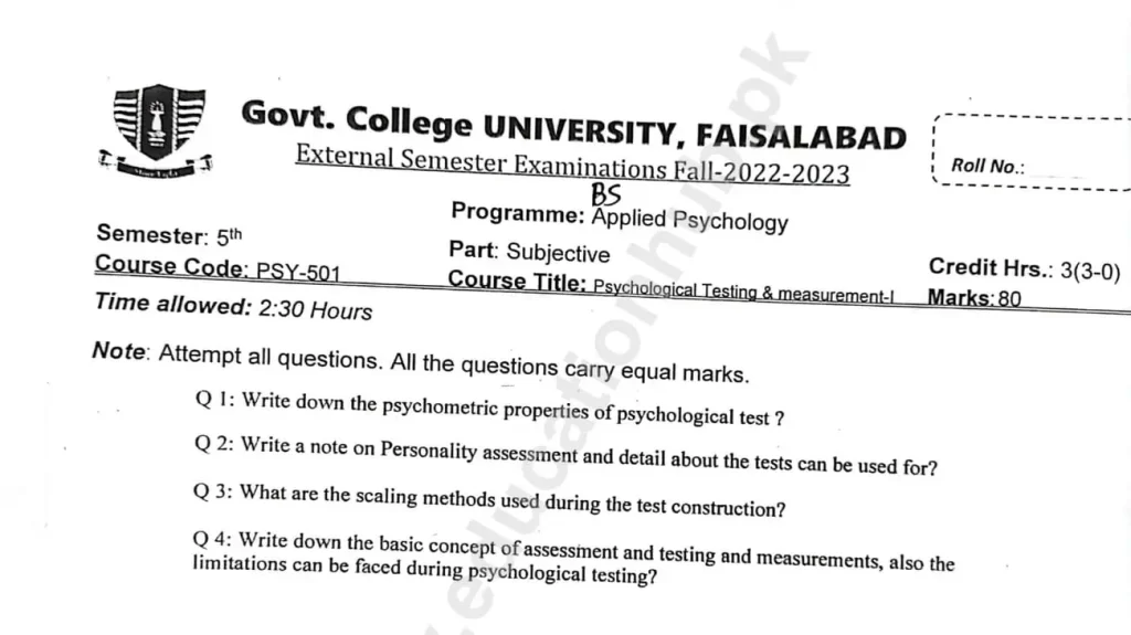 Psychological Testing And Measurement I BS Psychology GCUF Subjective Past Paper 2023