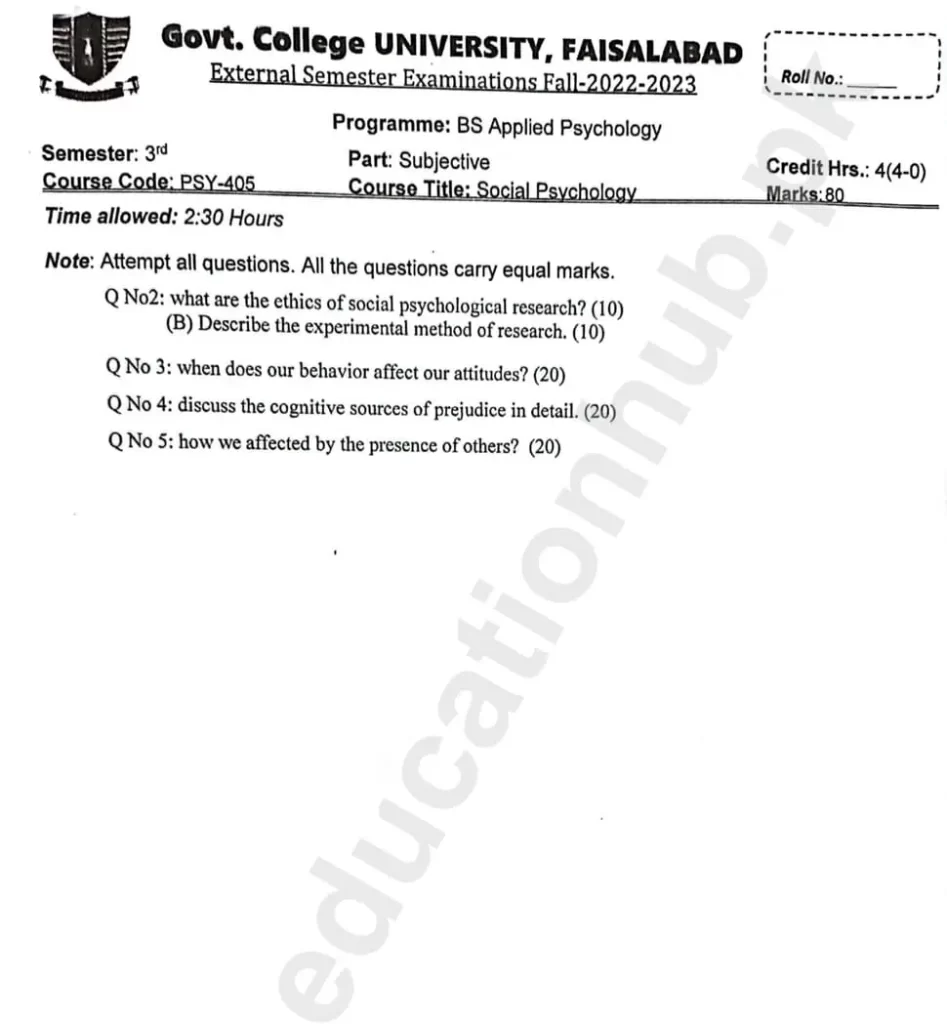 Social Psychology BS Psychology GCUF Subjective Past Paper 2023