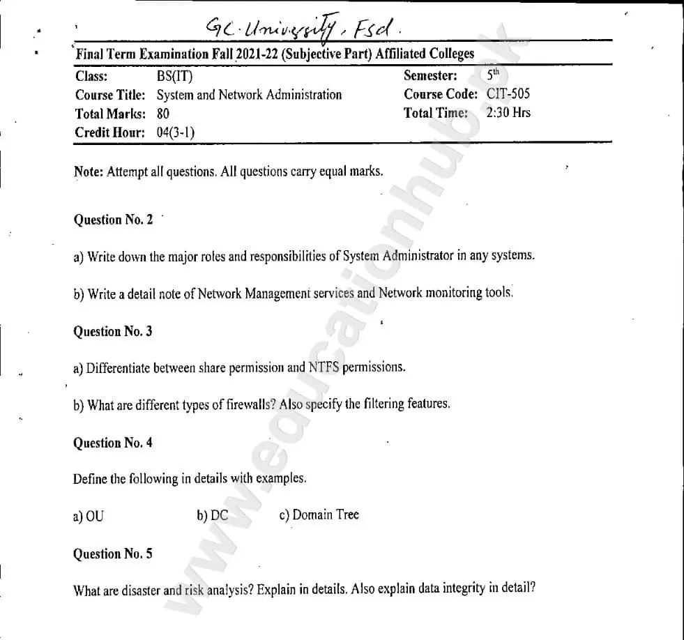 System And Network Adminstration BS(IT) GCUF Subjective Past Paper 2022